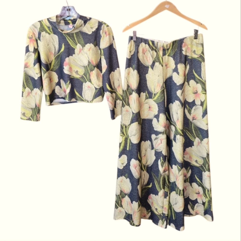 Traffic People Navy Floral Wide Leg Pants Set